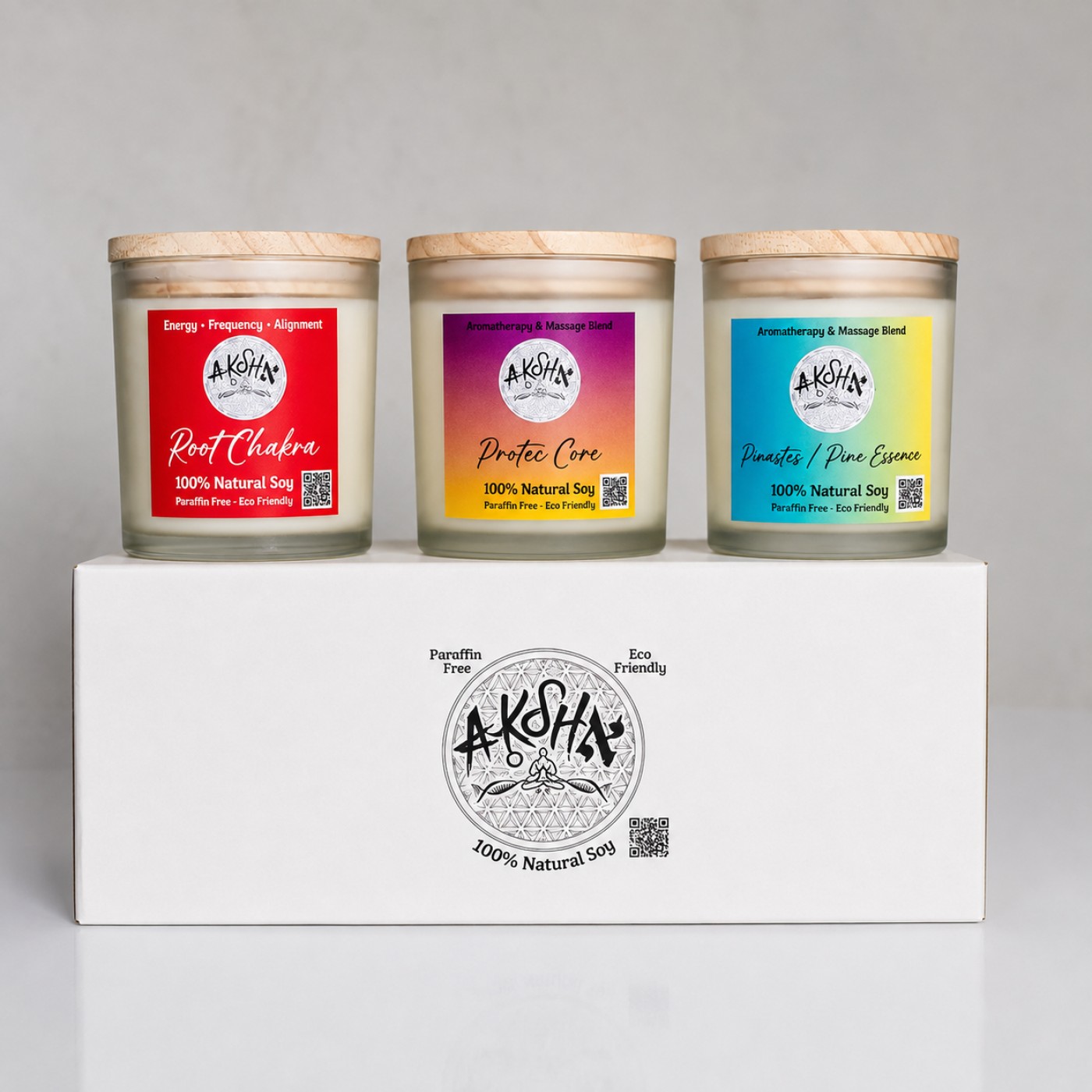Three AKSHA candles with gift box packaging